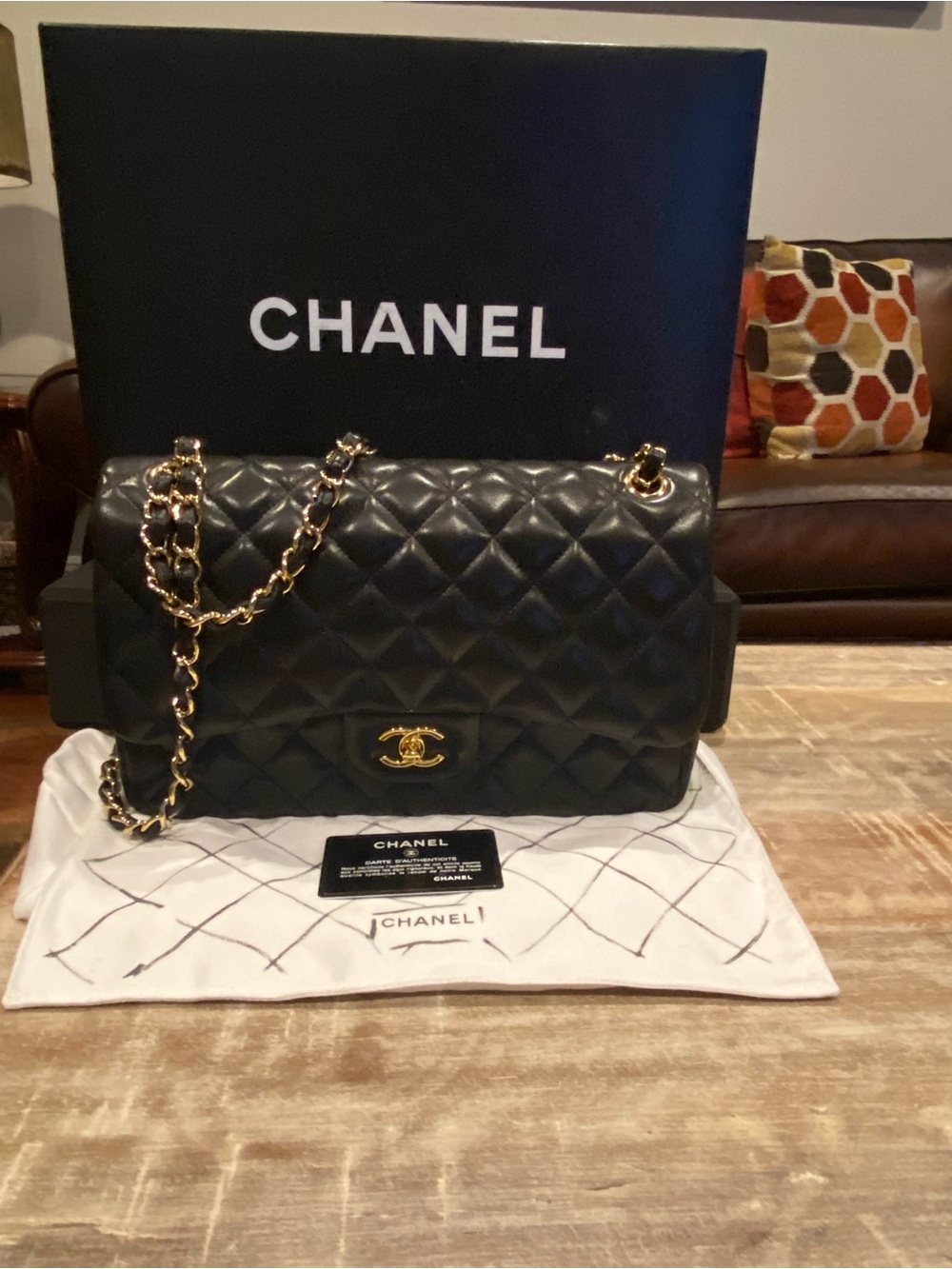 $12600 CHANEL Black Quilted double flap Shoulder Bag with Gold Chain and CC Lock